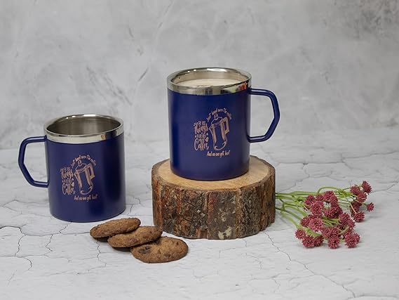 JISCOVERY Stainless Steel Coffee & Tea Mug with Printed Design Set of 2 Blue Color