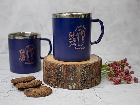 JISCOVERY Stainless Steel Coffee & Tea Mug with Printed Design Set of 2 Blue Color