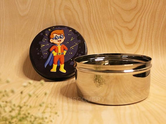 JISCOVERY Stainless Steel Airtight Square Lunch Box/Tiffin Box for Kids (Superhero Design)