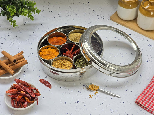 JISCOVERY Stainless Steel Airtight 7 Compartments Spice Box With Transparent Lid & 1 Spoon