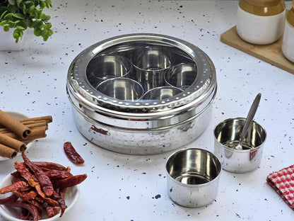 JISCOVERY Stainless Steel Airtight 7 Compartments Spice Box With Transparent Lid & 1 Spoon