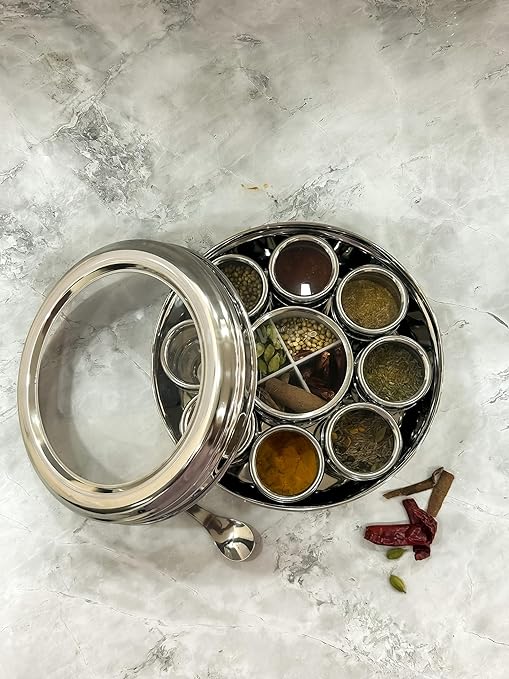 JISCOVERY Stainless Steel Airtight 12 Compartments Masala Box With Transparent Lid