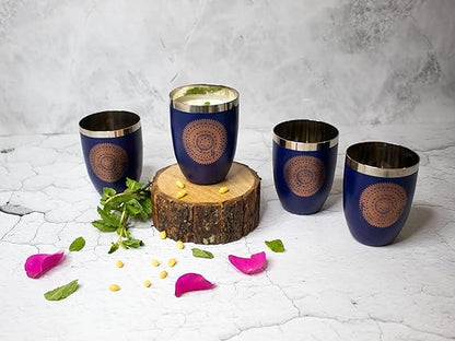JISCOVERY Stainless Steel Printed Round Glasses Set of 4 Blue Color