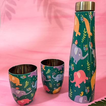 JISCOVERY Stainless Steel Printed Water Bottle with 2 Glasses Green Color