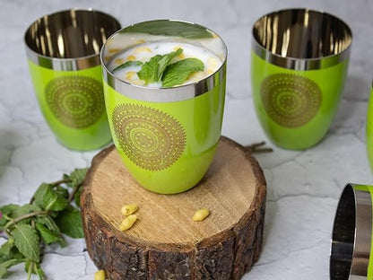 JISCOVERY Stainless Steel Printed Glasses Set of 6 Bucket shape Green Color