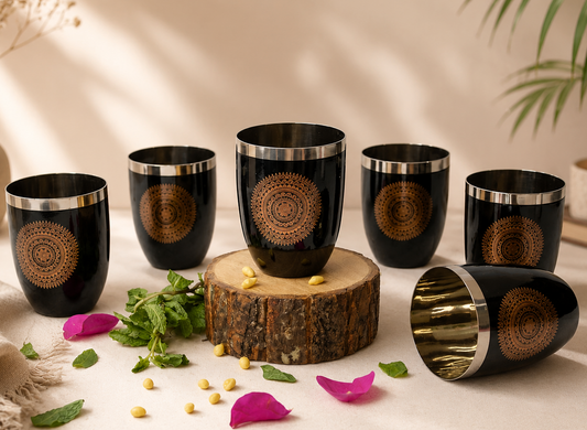 JISCOVERY Stainless Steel Round Printed Black Color Glasses Set of 6