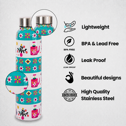 JISCOVERY Premium Stainless Steel Water Bottle| Light Green Design- 1000 ML Bottle for Office, School & Home| Leak Proof & Rust Proof