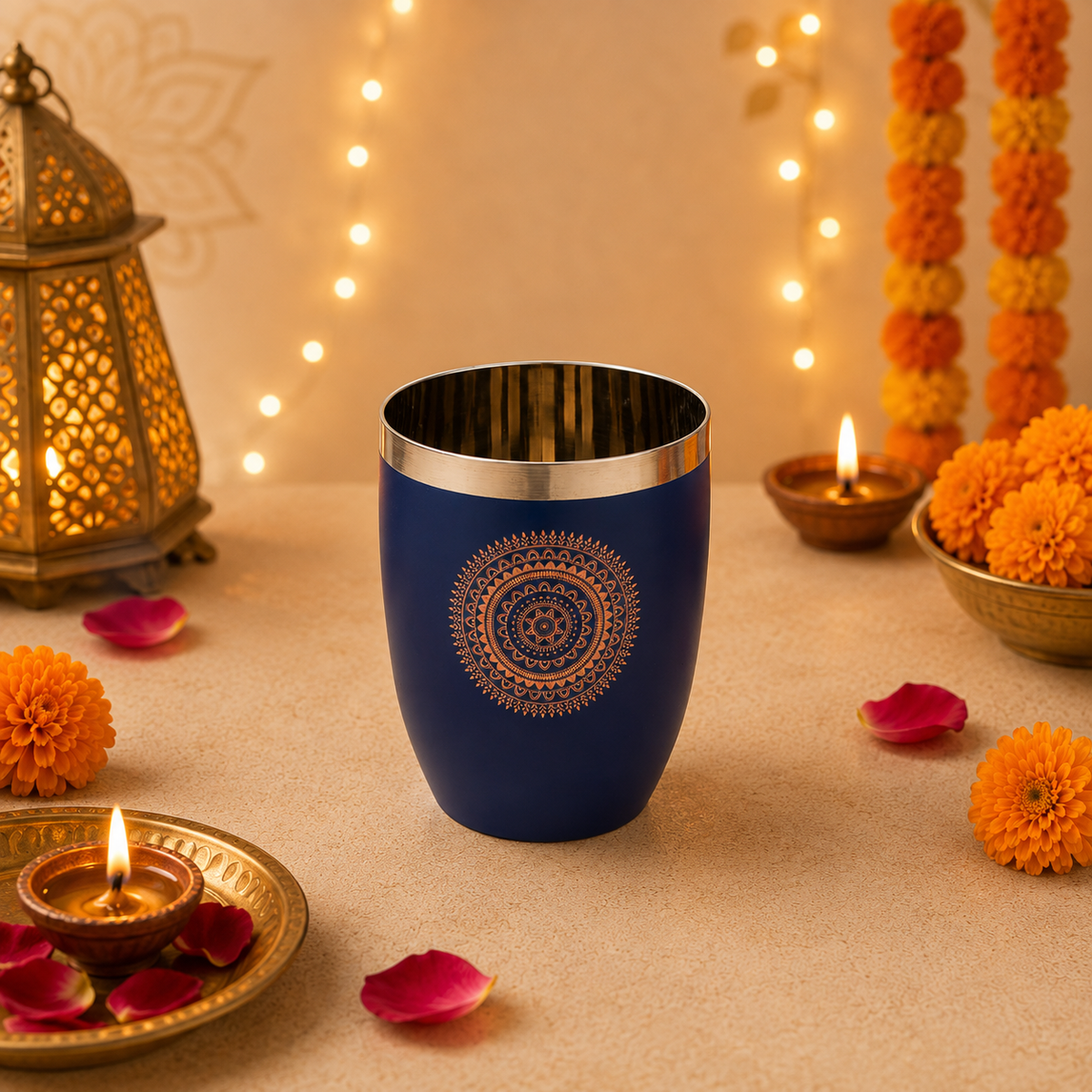 Diwali Gifting Box Stainless Steel Round Glasses Set Of 4 With Box (Blue Color)