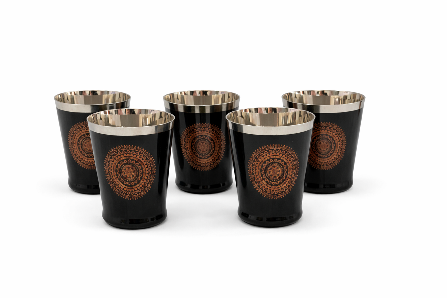 JISCOVERY Stainless Steel Printed Glasses Set of 6 for Water, Milk, Chach & Juice| Designer Bucket Shaped Serving Glass Set| Glass Tumblers| Black| Capacity- 300 ML (Each)