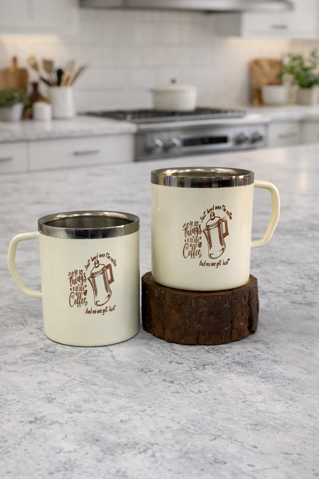 JISCOVERY Stainless Steel Coffee & Tea Mug with Printed Design Set of 4 for Home, Office, Travel & Gifting| Mugs with Handle| 300 ML (Beige) (4)