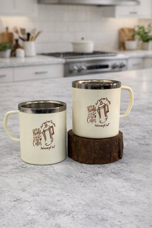 JISCOVERY Stainless Steel Coffee & Tea Mug with Printed Design Set of 2 for Home, Office, Travel & Gifting| Mugs with Handle| 300 ML (Beige)