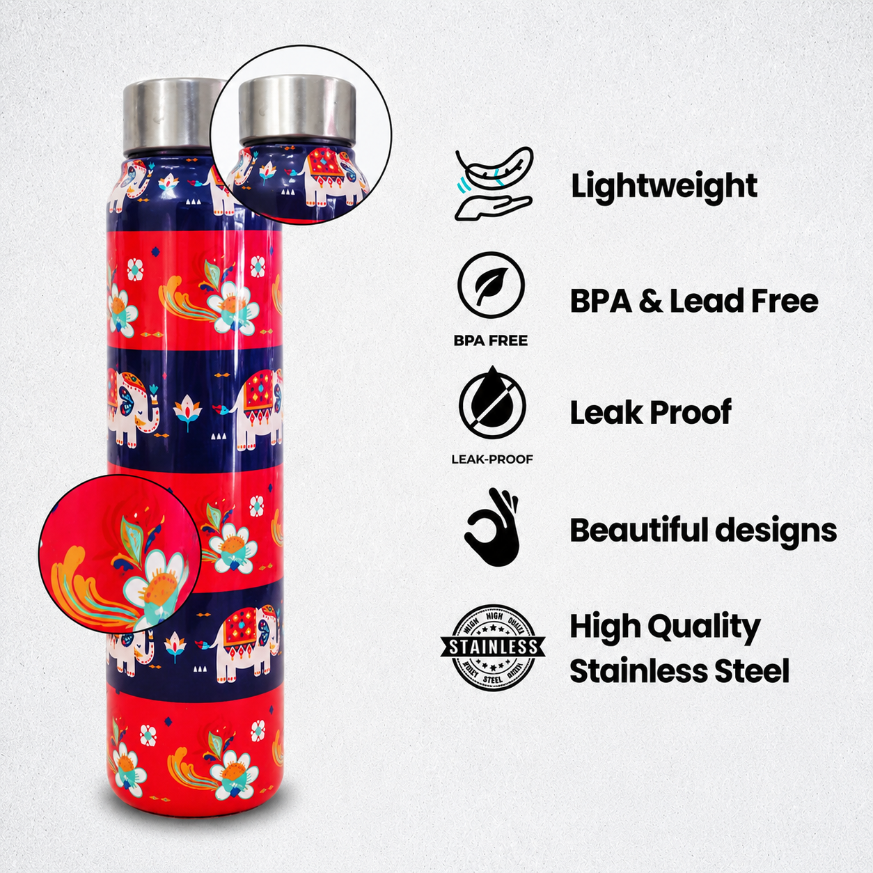 JISCOVERY Premium Stainless Steel Water Bottle| Red Elephant Design- 1000 ML Bottle for Office, School & Home| Leak Proof & Rust Proof