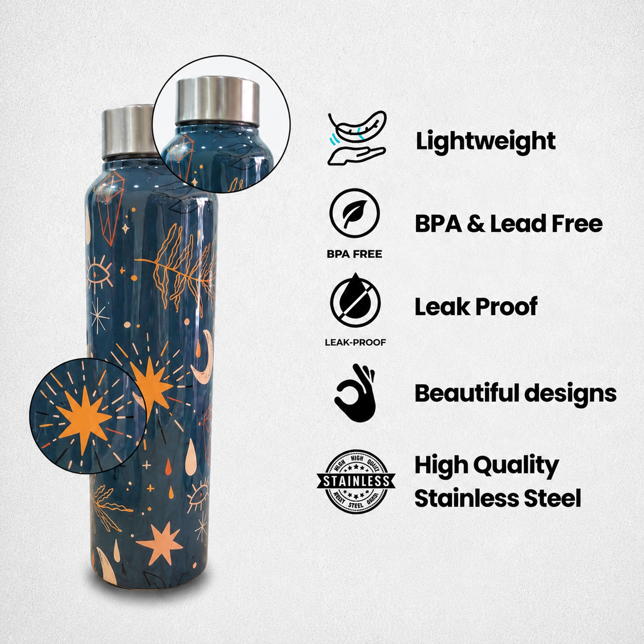 JISCOVERY Premium Stainless Steel Water Bottle| Moon Design- 1000 ML Bottle for Office, School & Home| Leak Proof & Rust Proof