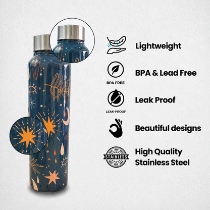 JISCOVERY Premium Stainless Steel Water Bottle| Moon Design- 1000 ML Bottle for Office, School & Home| Leak Proof & Rust Proof