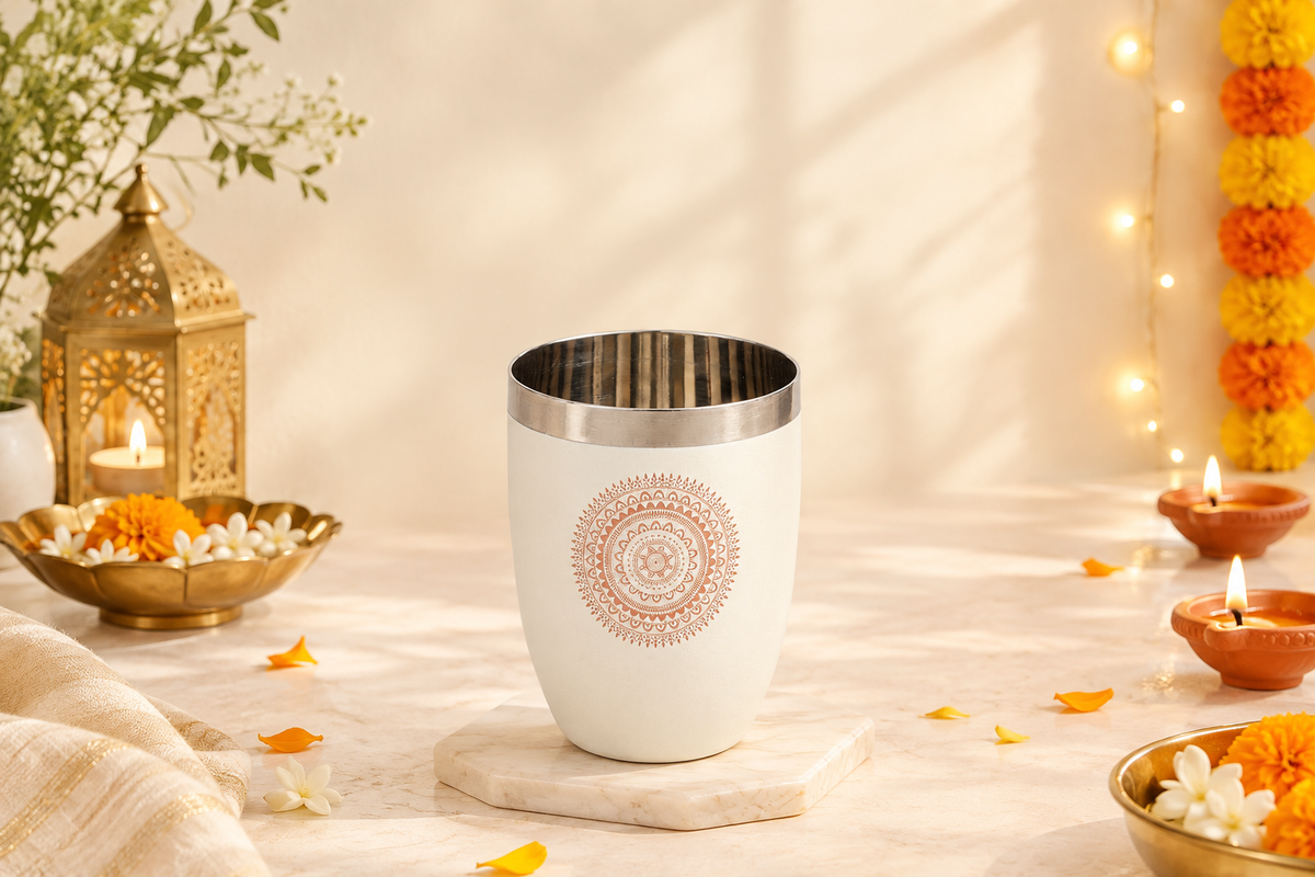 Diwali Gifting Box Stainless Steel Round Glasses Set Of 4 With Box Beige Color