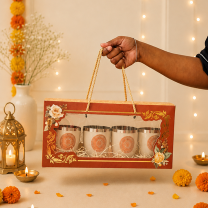 Diwali Gifting Box Stainless Steel Round Glasses Set Of 4 With Box (Coffee Color)