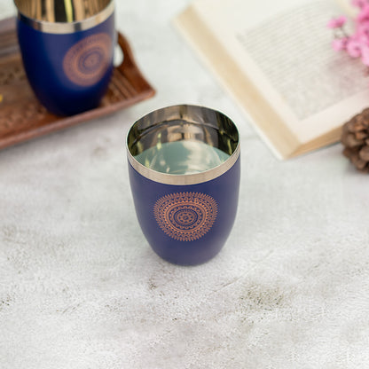 JISCOVERY Stainless Steel Printed Round Glasses Set of 6 Lotus shape Blue Color