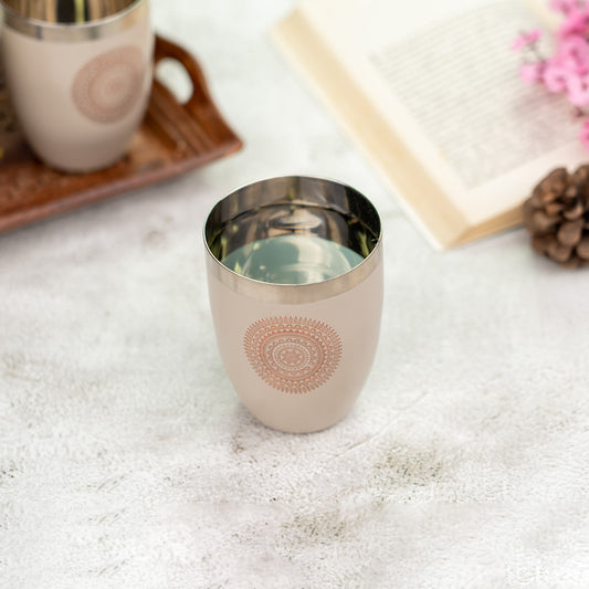 JISCOVERY Stainless Steel Printed Round Glasses Set of 6 Lotus Shape Coffee Brown Color
