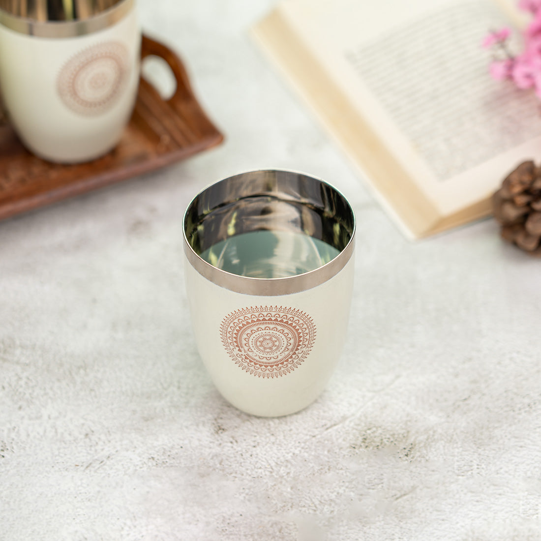 JISCOVERY Stainless Steel Printed Round Glasses Set of 6 Lotus Shape Beige Color