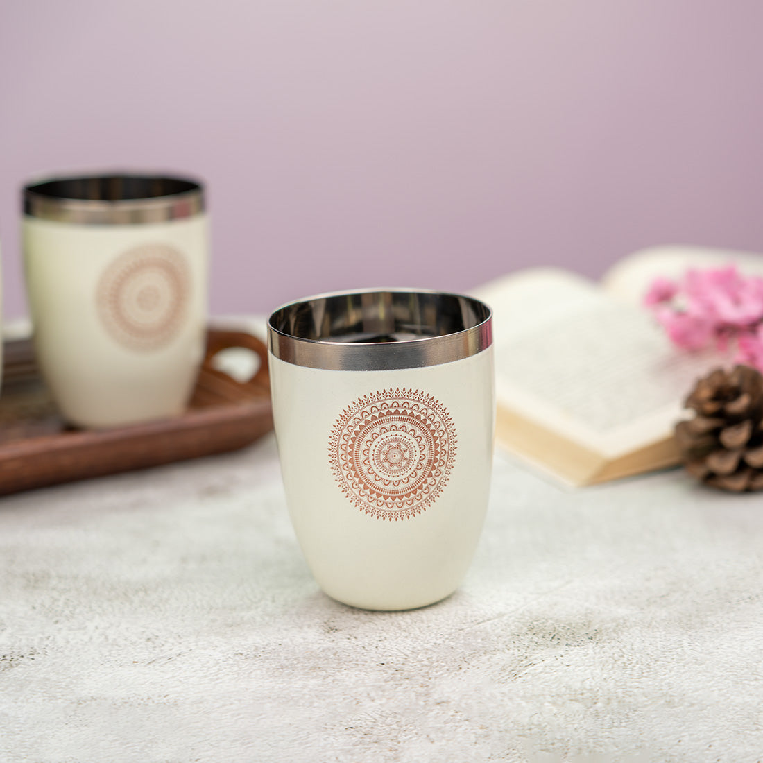 JISCOVERY Stainless Steel Printed Round Glasses Set of 6 Lotus Shape Beige Color