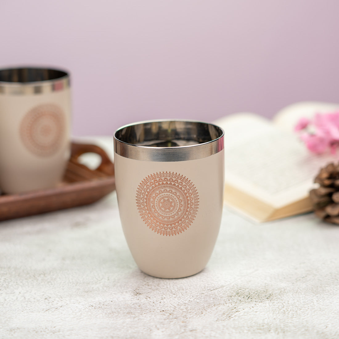 JISCOVERY Stainless Steel Printed Round Glasses Set of 6 Lotus Shape Coffee Brown Color