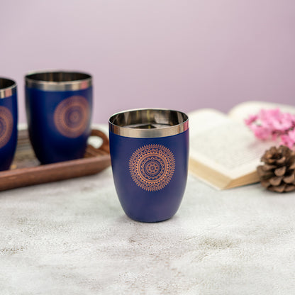JISCOVERY Stainless Steel Printed Round Glasses Set of 6 Lotus shape Blue Color
