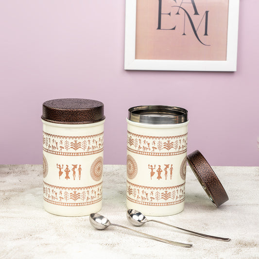 JISCOVERY Printed Steel Containers for Kitchen Storage Set of 2 (Beige Color)