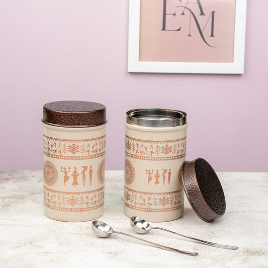 JISCOVERY Printed Steel Containers for Kitchen Storage Set of 2 (Coffee Color)