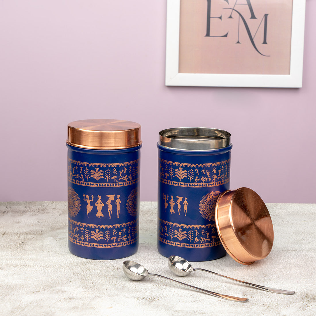 JISCOVERY Printed Steel Containers for Kitchen Storage Set of 2 (Blue Color)