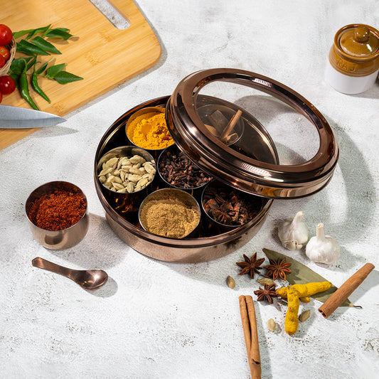 JISCOVERY Stainless Steel Airtight 7 Containers Rose gold Masala Box With Transparent Lid