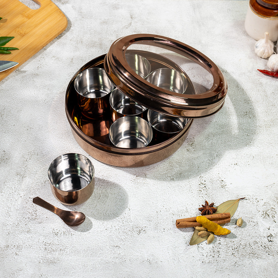 JISCOVERY Stainless Steel Airtight 7 Containers Rose gold Masala Box With Transparent Lid