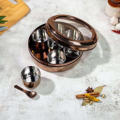 JISCOVERY Stainless Steel Airtight 7 Containers Rose gold Masala Box With Transparent Lid