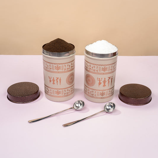 JISCOVERY Printed Steel Containers for Kitchen Storage Set of 2 (Coffee Color)