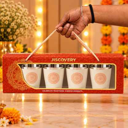 Diwali Gifting Box Stainless Steel Bucket Glasses Set Of 4 With Box (Beige Color)