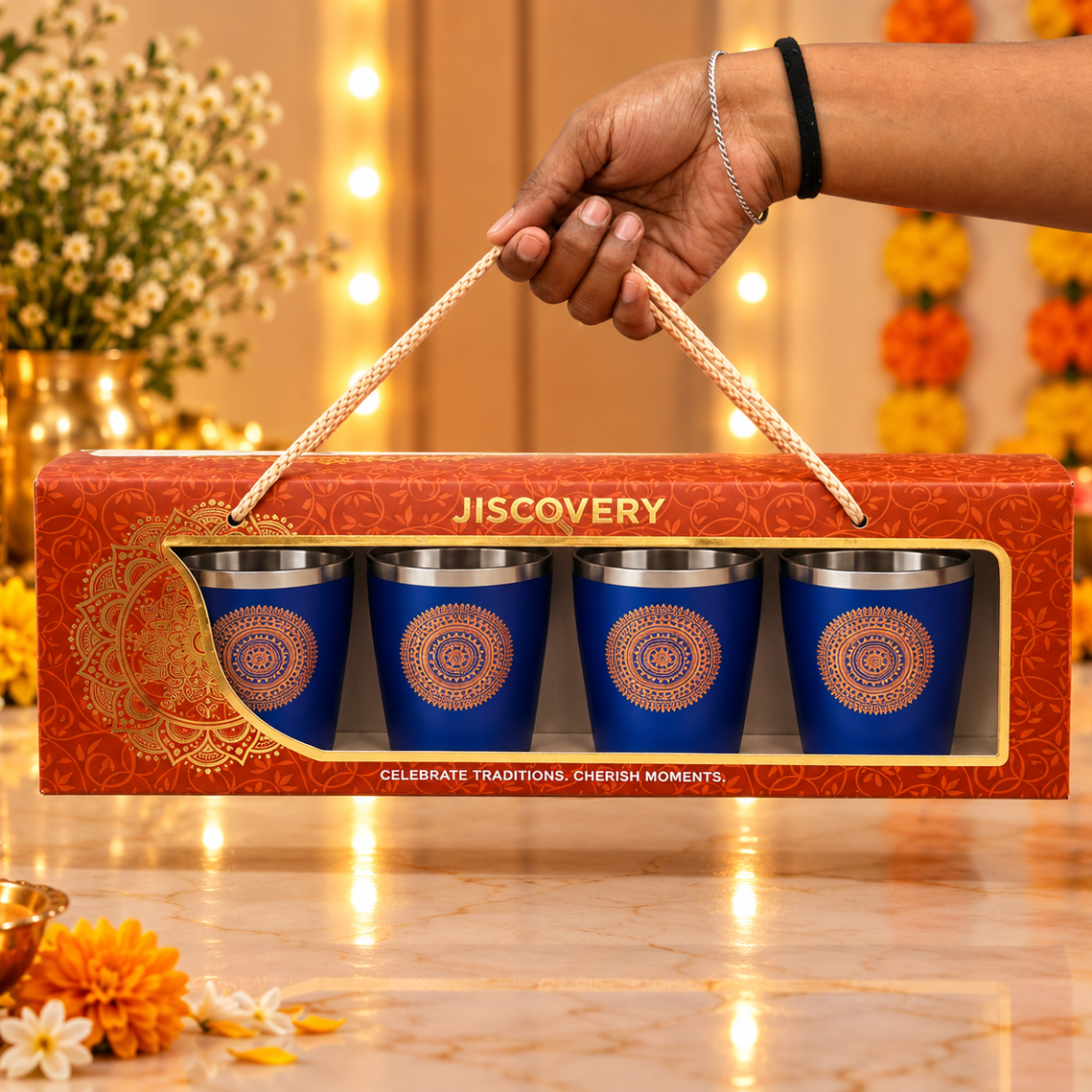 Diwali Gifting Box Stainless Steel Bucket Glasses Set Of 4 With Box (Blue Color)