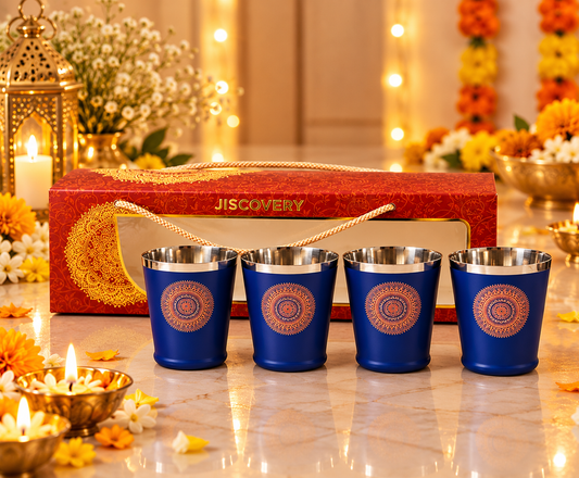 Diwali Gifting Box Stainless Steel Bucket Glasses Set Of 4 With Box (Blue Color)