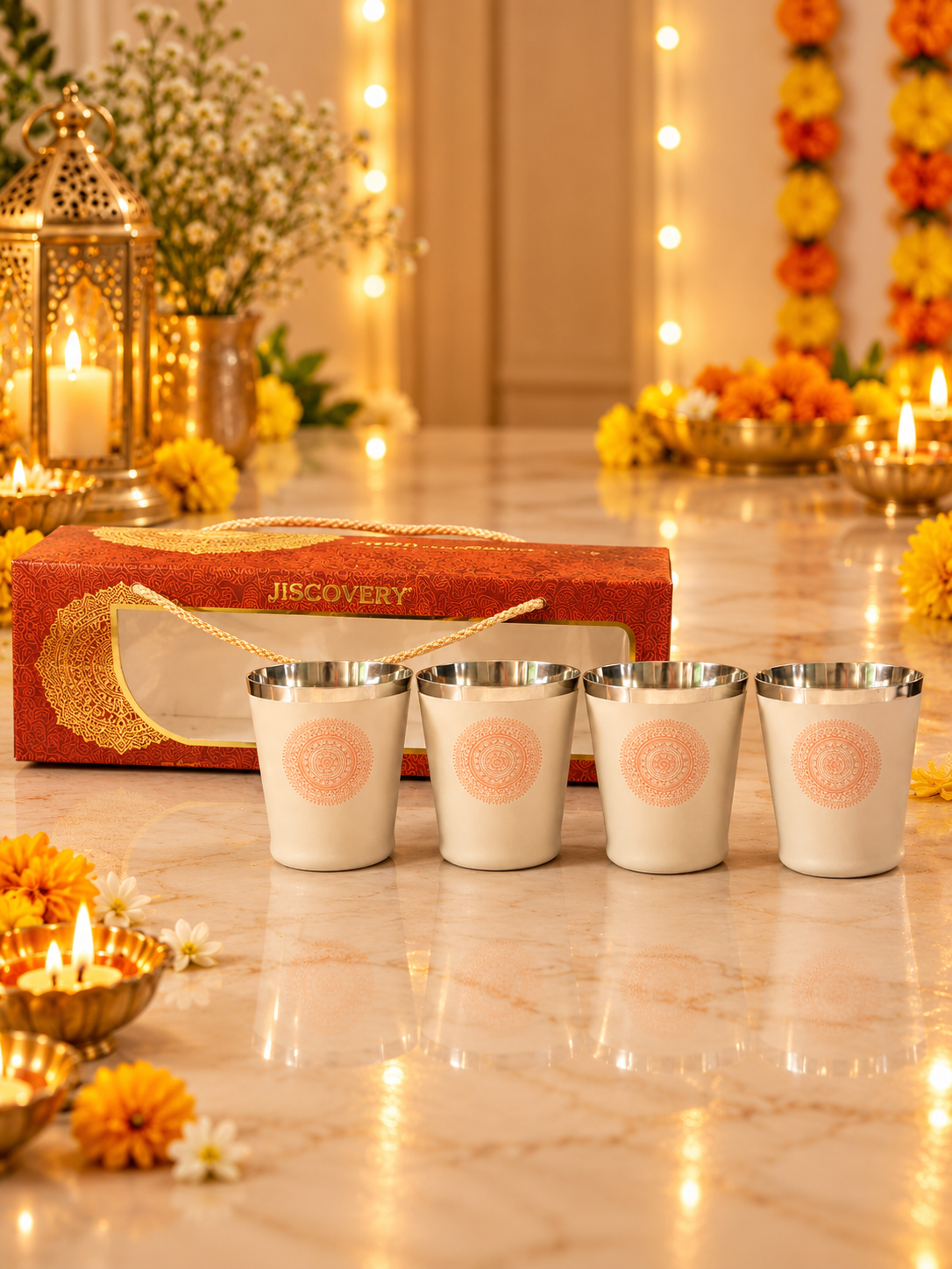 Diwali Gifting Box Stainless Steel Bucket Glasses Set Of 4 With Box (Coffee color)