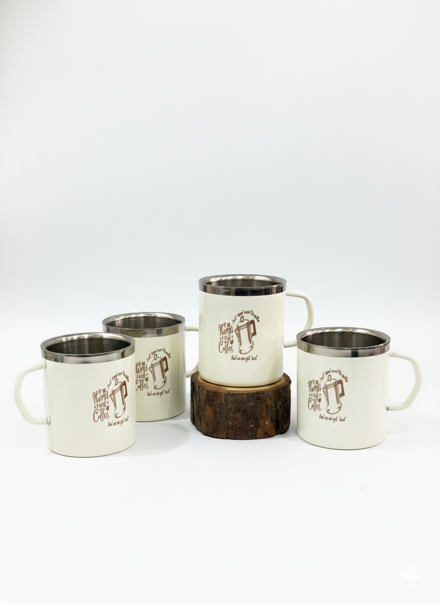 JISCOVERY Stainless Steel Coffee & Tea Mug with Printed Design Set of 4 for Home, Office, Travel & Gifting| Mugs with Handle| 300 ML (Beige) (4)