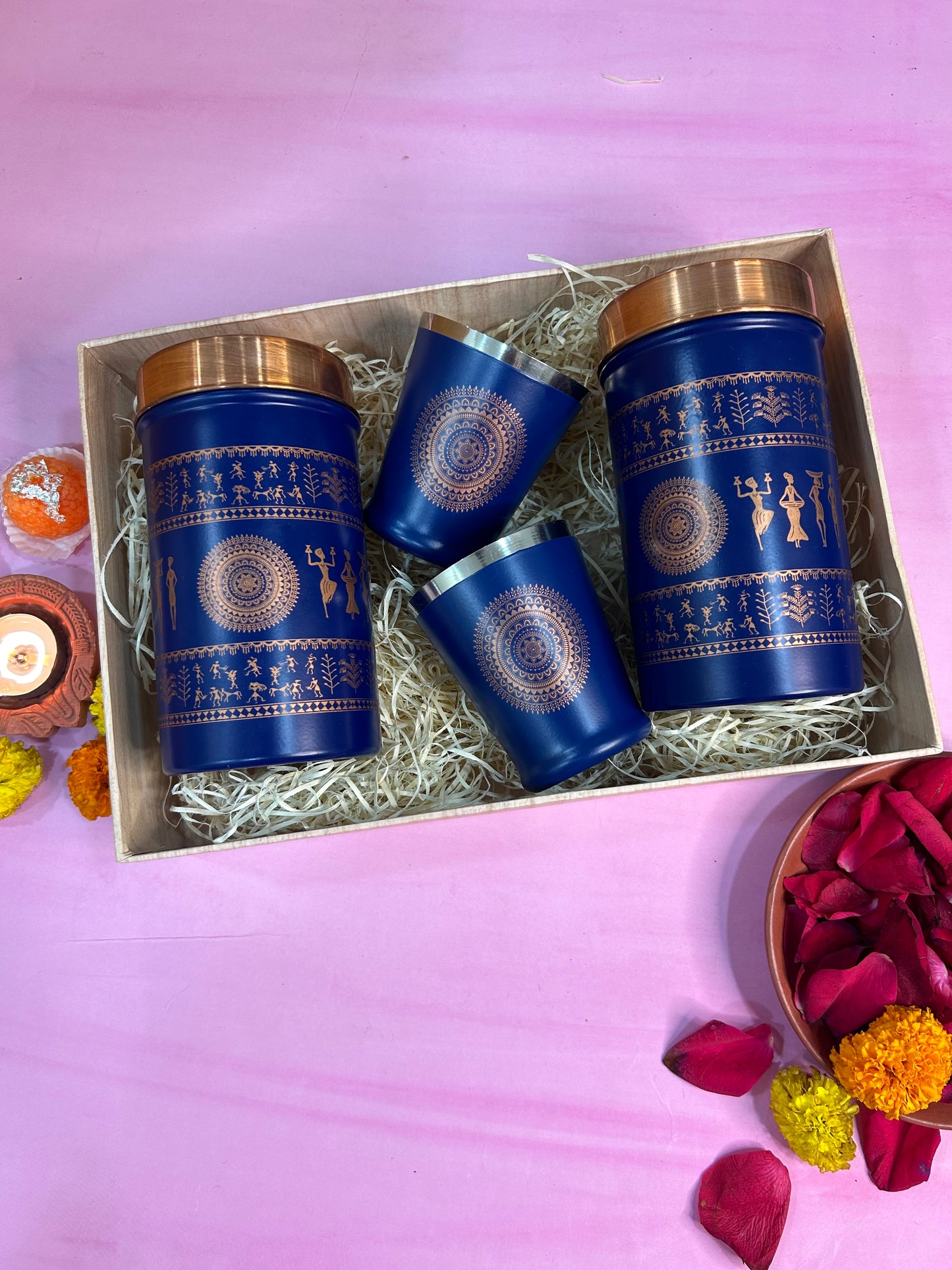 Stainless Steel Indian themed Container Set with Glasses