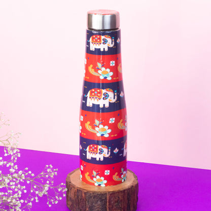 JISCOVERY Printed Stainless Steel Water Bottle| Elephant Design Funky Bottle| 1 Litre Aesthetic Bottle for Office, School & Home| Leak Proof, Rust Proof & Durable| 1000 ML (Red)