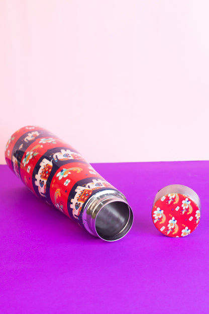 JISCOVERY Printed Stainless Steel Water Bottle| Elephant Design Funky Bottle| 1 Litre Aesthetic Bottle for Office, School & Home| Leak Proof, Rust Proof & Durable| 1000 ML (Red)