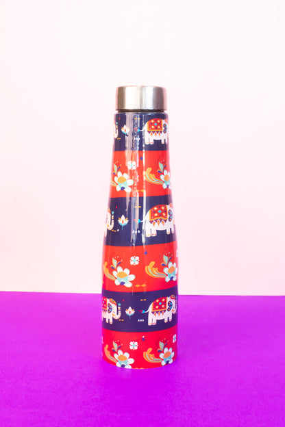 JISCOVERY Printed Stainless Steel Water Bottle| Elephant Design Funky Bottle| 1 Litre Aesthetic Bottle for Office, School & Home| Leak Proof, Rust Proof & Durable| 1000 ML (Red)