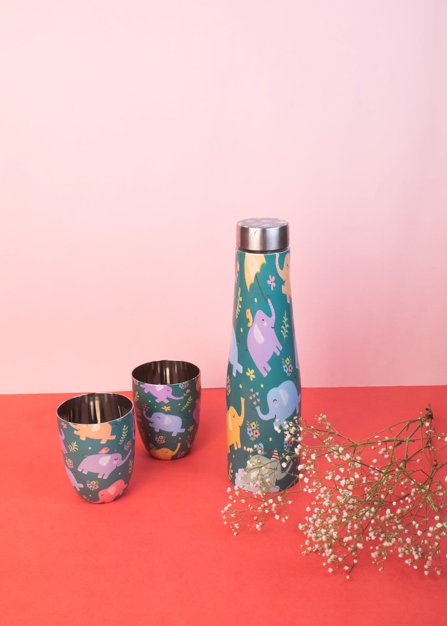JISCOVERY Stainless Steel Printed Water Bottle with 2 Glasses Green Color