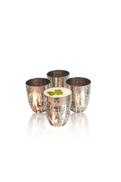 JISCOVERY Stainless Steel Round Glasses Set of 4| Glass for Water, Lassi, Milk & Juice| Glass Tumbler| Daily Use Water Drinking Glass| Hammered Design Glass| Silver| Capacity- 350 ML