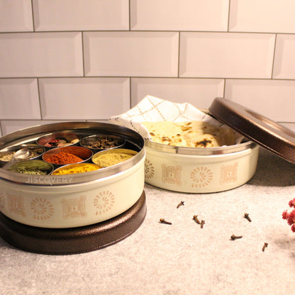 Jiscovery Stainless Steel Masala Daani and Puri Dabba with Lid Combo for Kitchen Beige Color