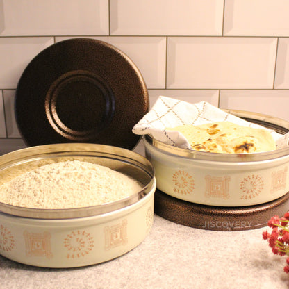Jiscovery Stainless Steel Airtight Designer Chapati Box Beige Color Set of 2