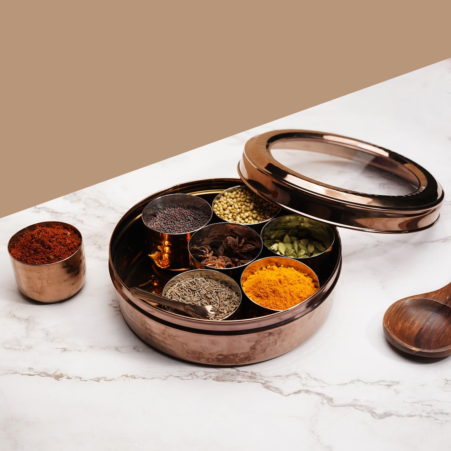 JISCOVERY Stainless Steel Airtight 7 Containers Rose gold Masala Box With Transparent Lid Hammered Design