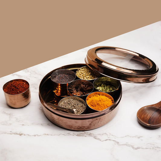 JISCOVERY Stainless Steel Airtight 7 Containers Rose gold Masala Box With Transparent Lid Hammered Design