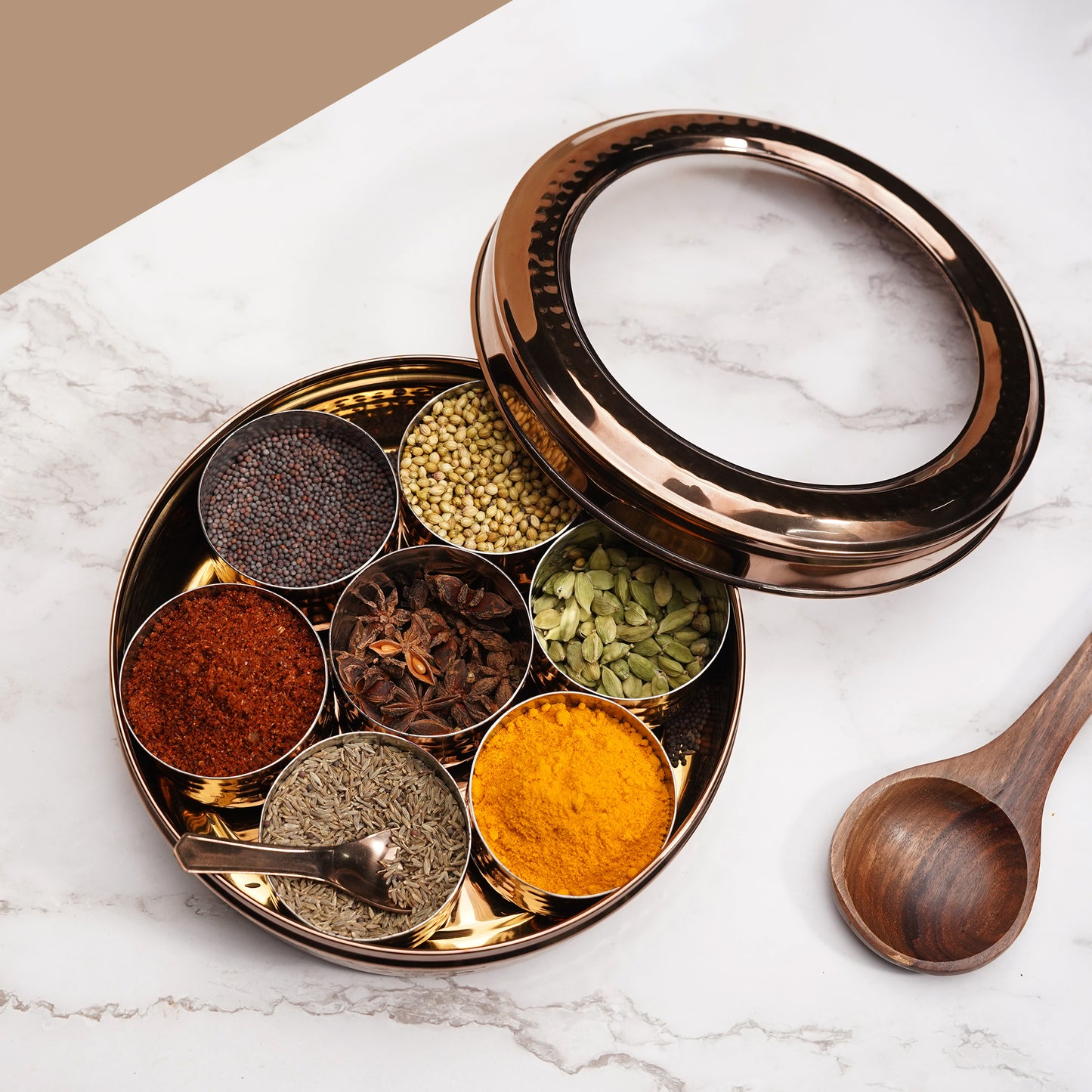 JISCOVERY Stainless Steel Airtight 7 Containers Rose gold Masala Box With Transparent Lid Hammered Design