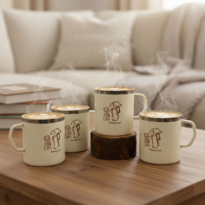 JISCOVERY Stainless Steel Coffee & Tea Mug with Printed Design Set of 4 for Home, Office, Travel & Gifting| Mugs with Handle| 300 ML (Beige) (4)